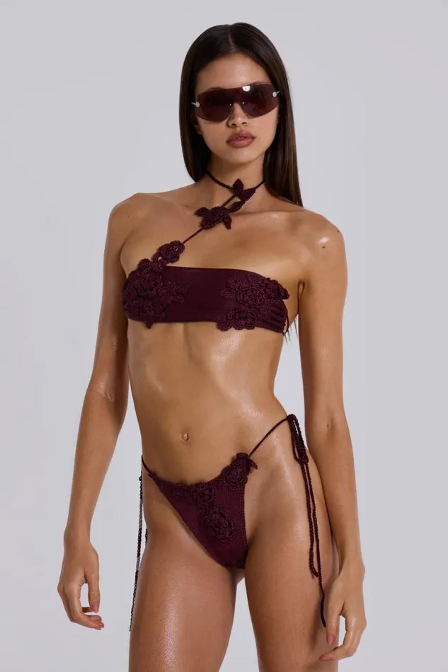 Jaded London Bikini Bottoms Women Alira Knit Flower Bikini Bottoms Burgundy Red