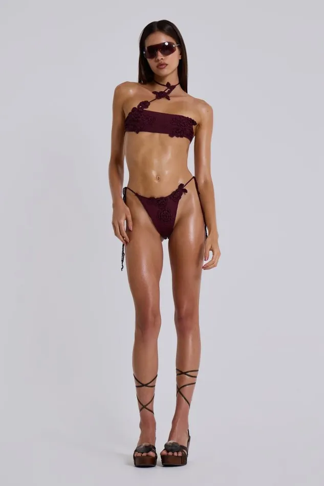 Jaded London Bikini Bottoms Women Alira Knit Flower Bikini Bottoms Burgundy Red