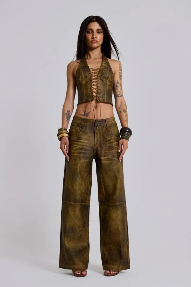 Jaded London CoOrds Women Vaca Whipstitch Faux Leather Corset Green