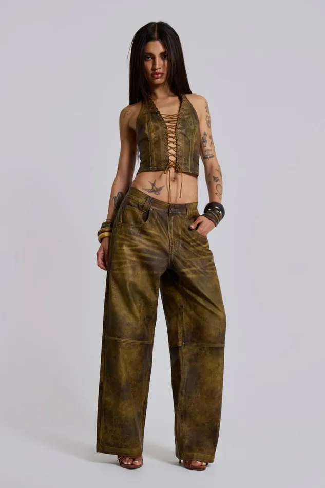 Jaded London CoOrds Women Vaca Whipstitch Faux Leather Corset Green