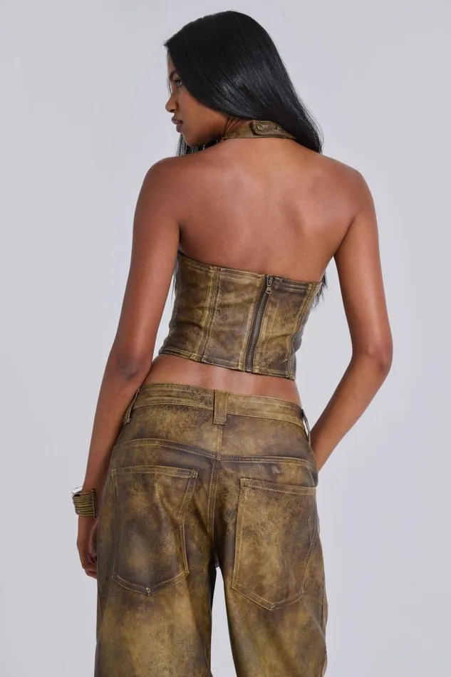 Jaded London CoOrds Women Vaca Whipstitch Faux Leather Corset Green