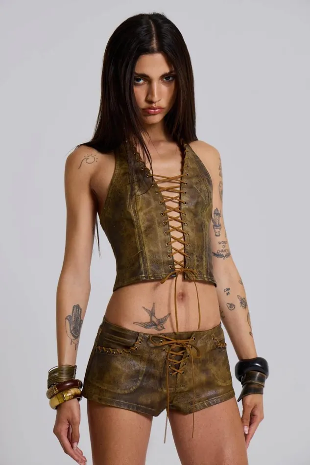 Jaded London CoOrds Women Vaca Whipstitch Faux Leather Corset Green