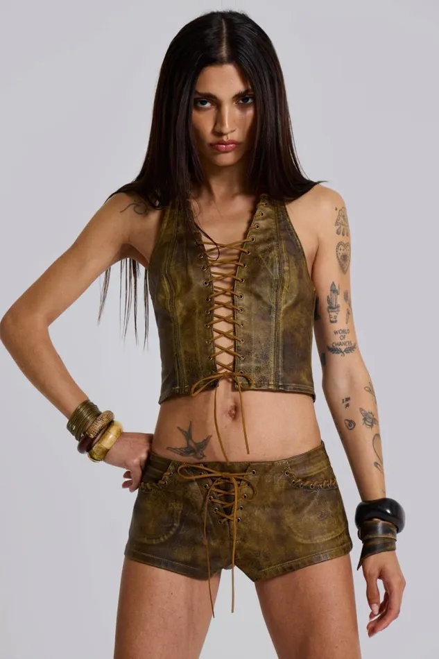 Jaded London CoOrds Women Vaca Whipstitch Faux Leather Corset Green
