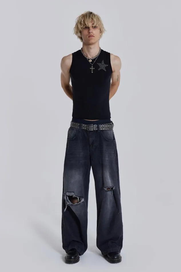 Jaded London Colossus Jeans Men Washed Black Busted Colossus Baggy Jeans Black
