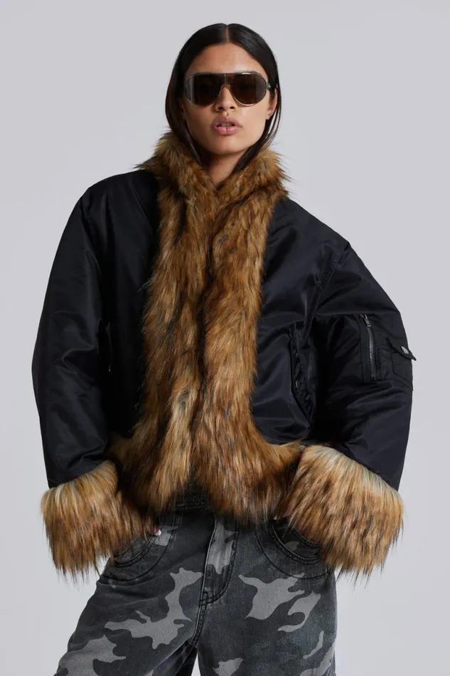 Jaded London Faux Fur Jackets and Coats Women Evren Faux Fur Bomber Jacket Black