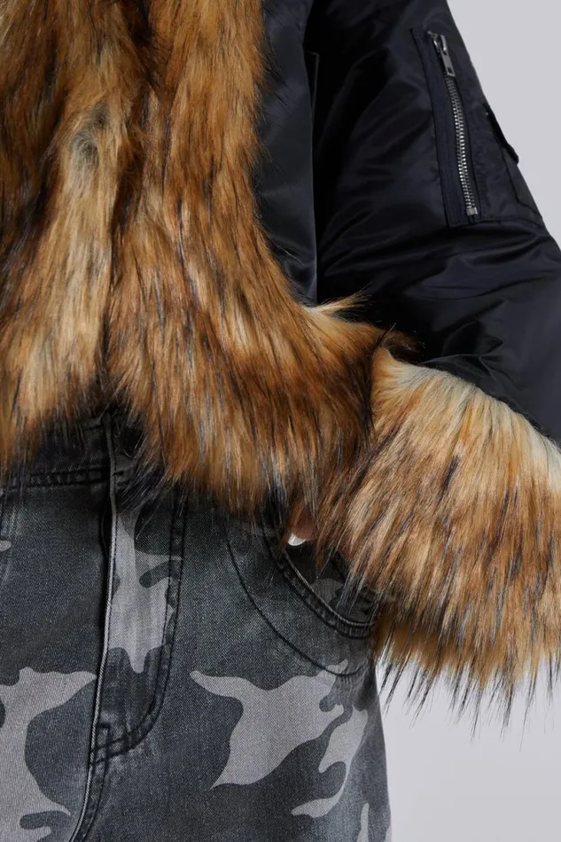 Jaded London Faux Fur Jackets and Coats Women Evren Faux Fur Bomber Jacket Black