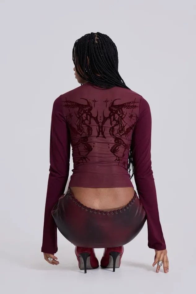 Jaded London Long Sleeve Tops Women Wine Wings Mesh Top Red