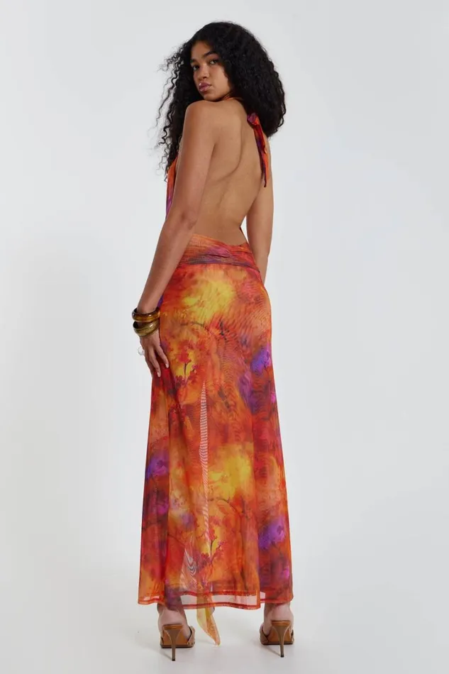 Jaded London Maxi Dresses Women Cindy Plunge Maxi Dress In Orange Multi