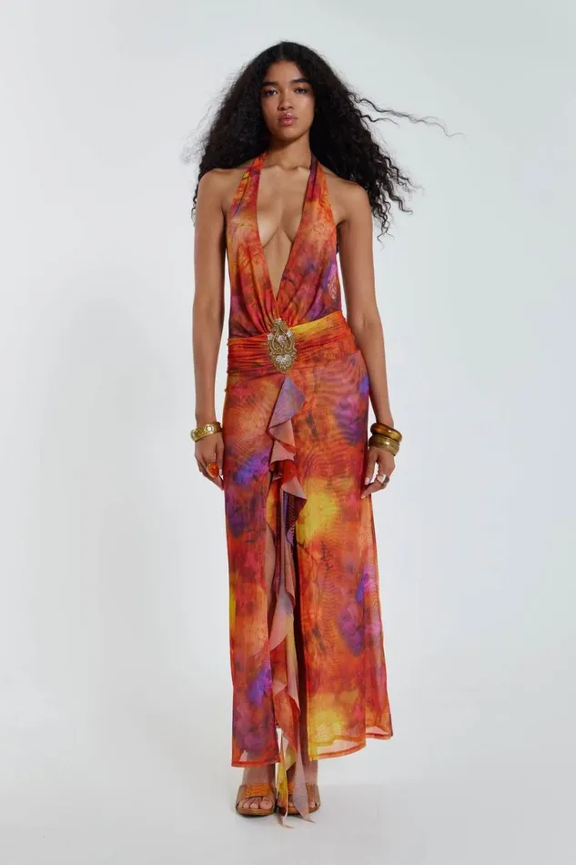 Jaded London Maxi Dresses Women Cindy Plunge Maxi Dress In Orange Multi