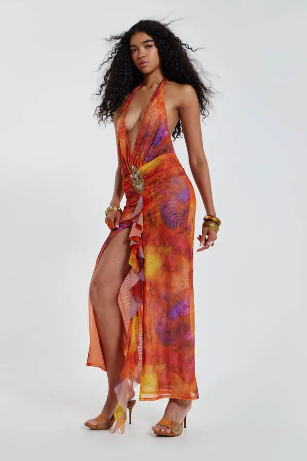 Jaded London Maxi Dresses Women Cindy Plunge Maxi Dress In Orange Multi