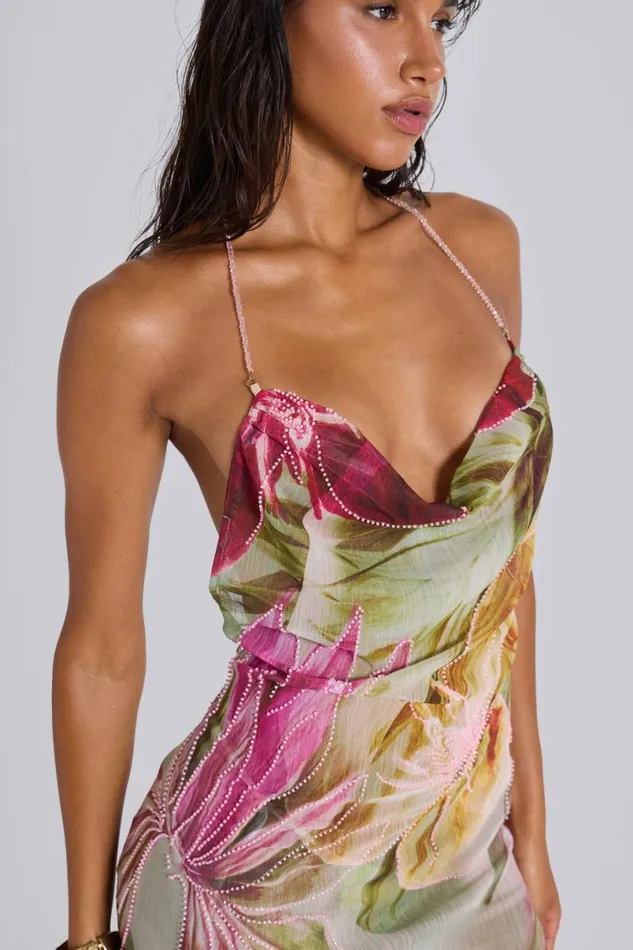 Jaded London Maxi Dresses Women Dahlia HandBeaded Backless Chiffon Maxi Dress Multi