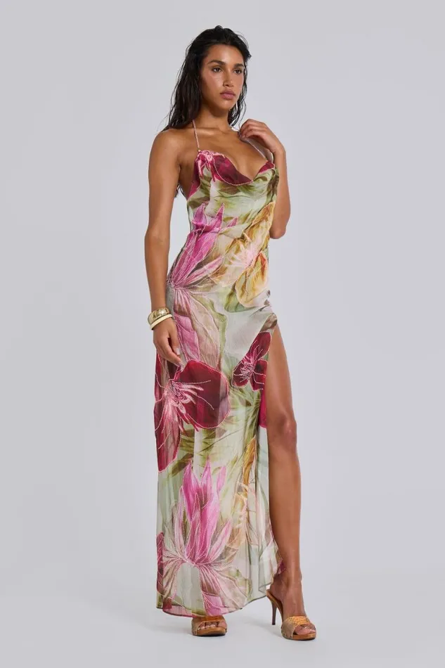 Jaded London Maxi Dresses Women Dahlia HandBeaded Backless Chiffon Maxi Dress Multi