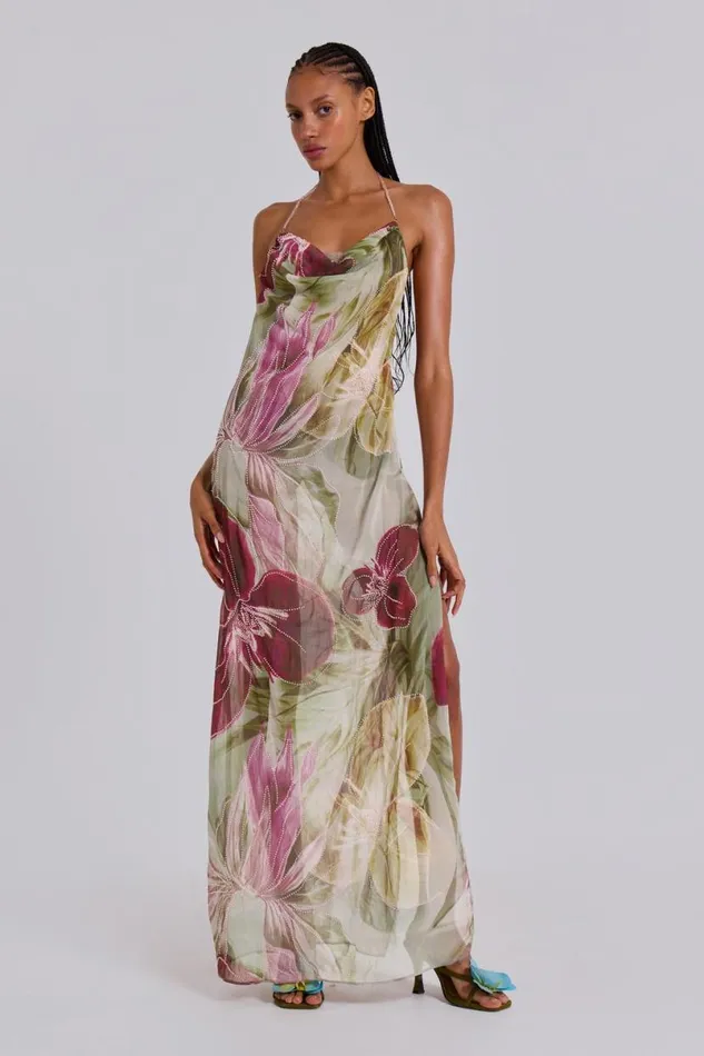 Jaded London Maxi Dresses Women Dahlia HandBeaded Backless Chiffon Maxi Dress Multi