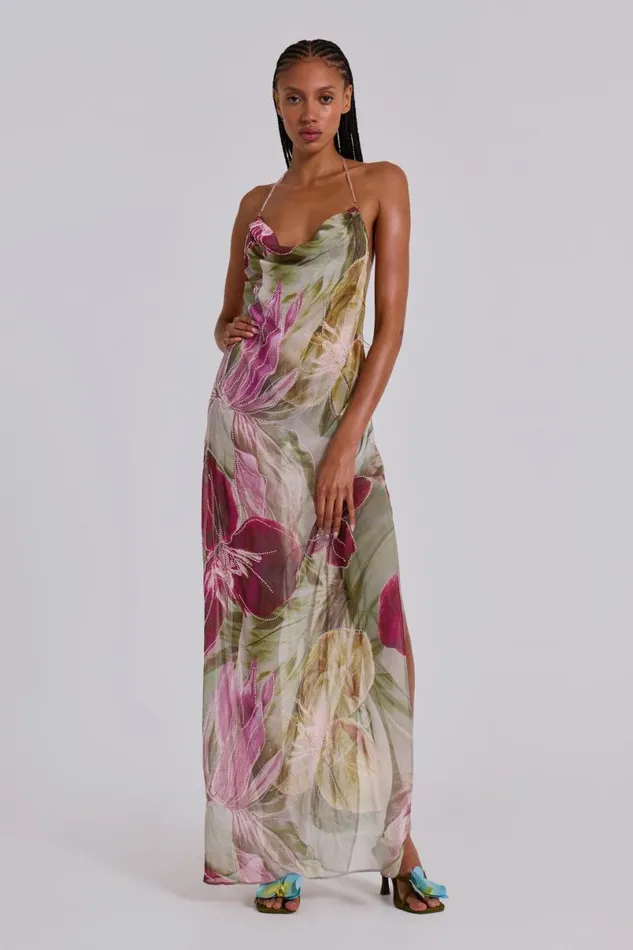 Jaded London Maxi Dresses Women Dahlia HandBeaded Backless Chiffon Maxi Dress Multi