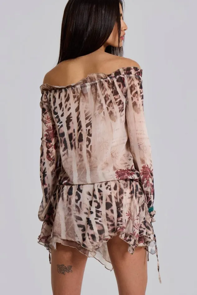 Jaded London Mini Dresses Women Lorenza Sheer Bardot Dress In Oza Leopard
