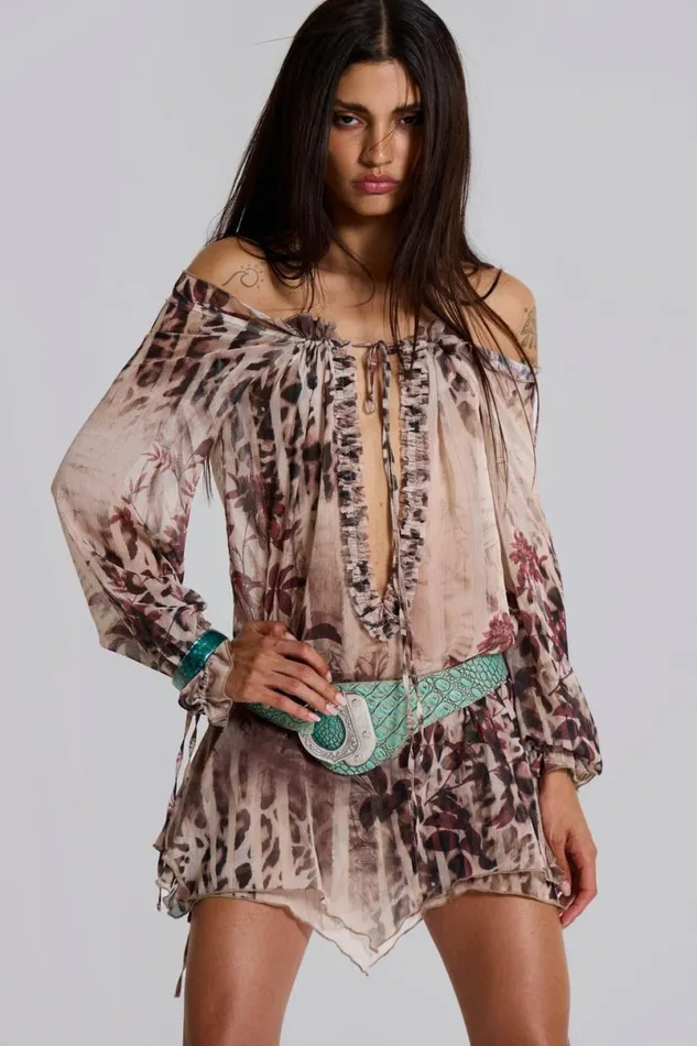 Jaded London Mini Dresses Women Lorenza Sheer Bardot Dress In Oza Leopard