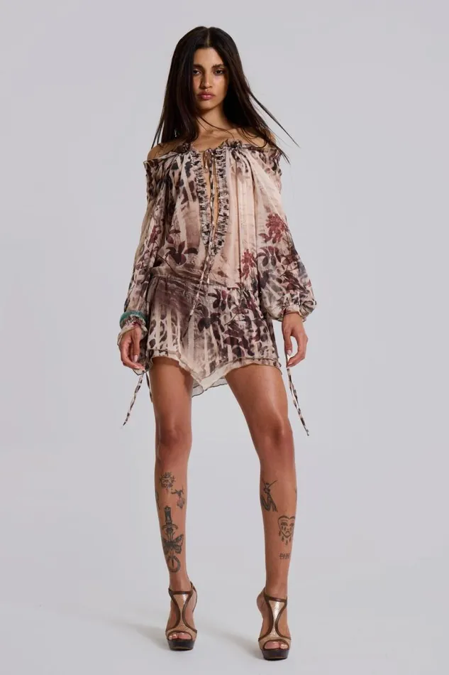 Jaded London Mini Dresses Women Lorenza Sheer Bardot Dress In Oza Leopard
