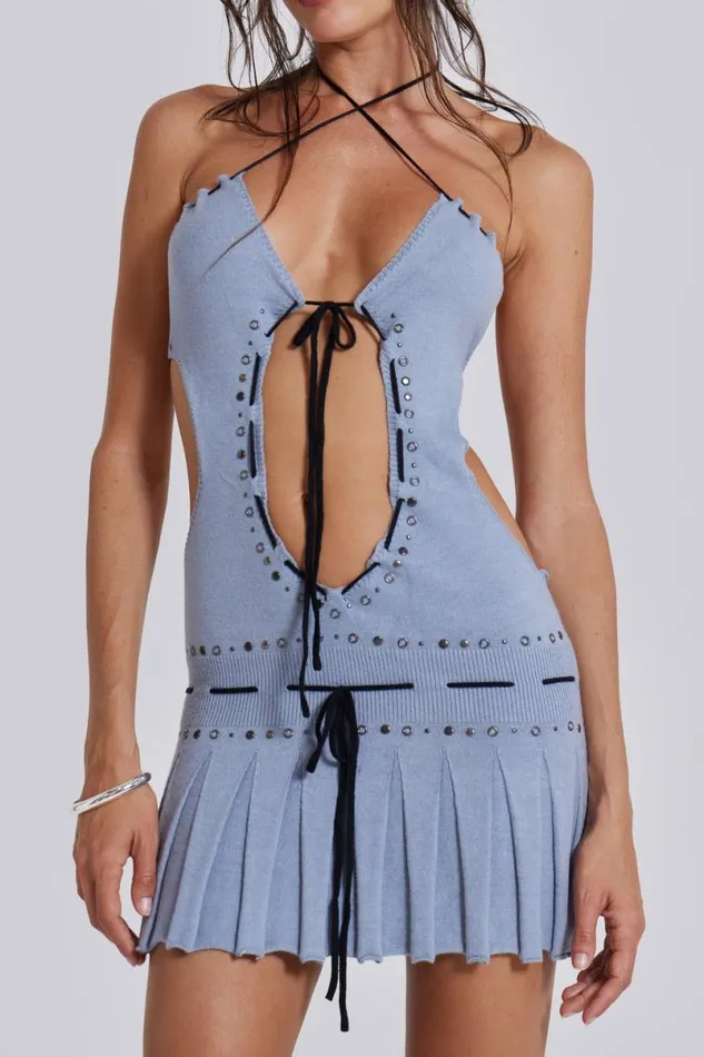 Jaded London Mini Dresses Women Sienna Knitted Studded Tie Mini Dress Blue