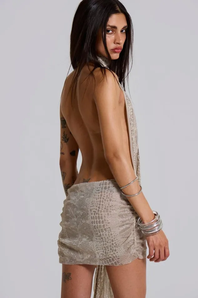 Jaded London Mini Dresses Women Spyro Snakeskin Plunge Mini Dress Sand