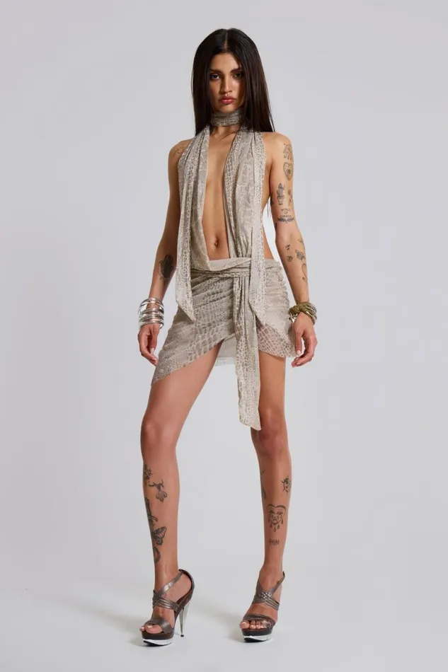 Jaded London Mini Dresses Women Spyro Snakeskin Plunge Mini Dress Sand
