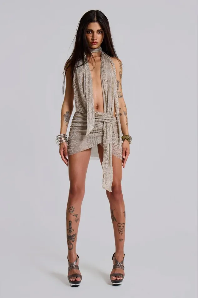 Jaded London Mini Dresses Women Spyro Snakeskin Plunge Mini Dress Sand
