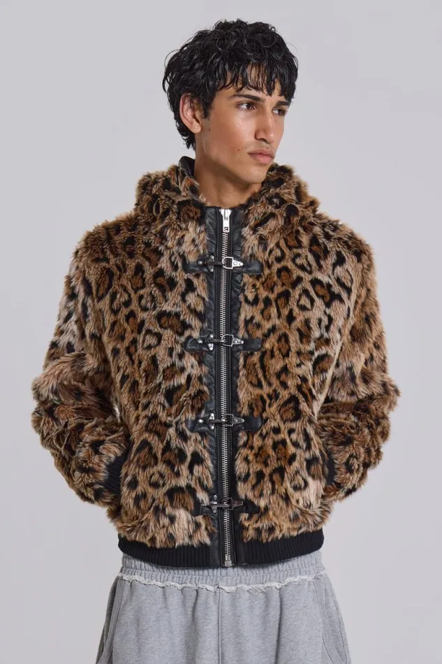 Jaded London Outerwear MenUnisex Leopard Faux Fur Hooded Mendoza Jacket Leopard