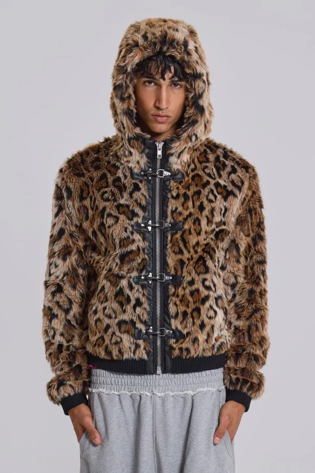 Jaded London Outerwear MenUnisex Leopard Faux Fur Hooded Mendoza Jacket Leopard