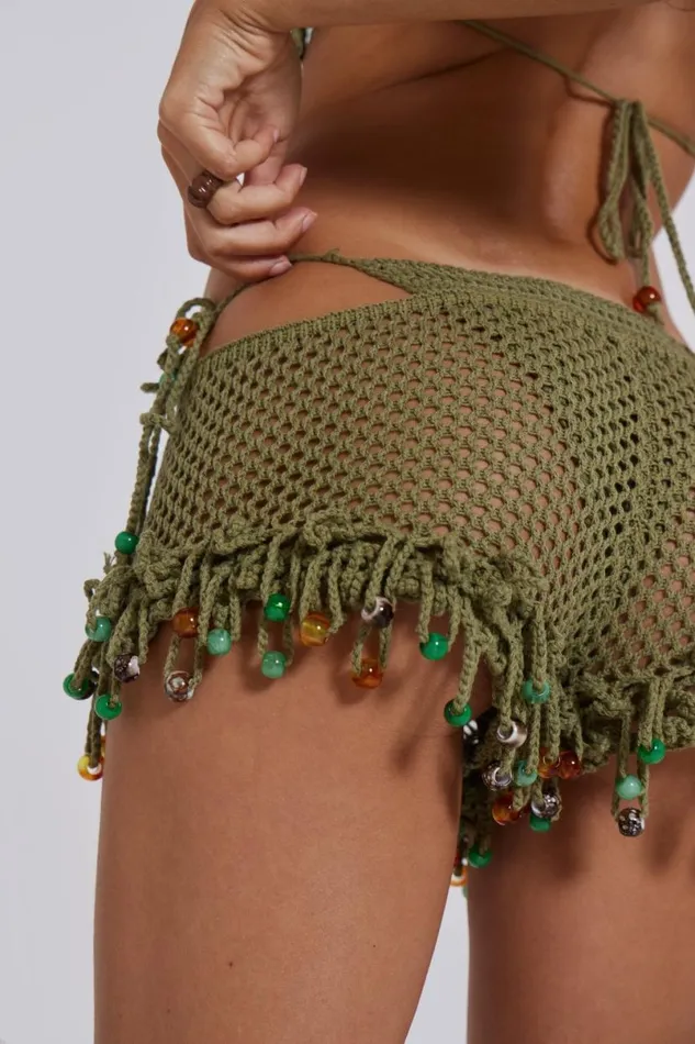 Jaded London Shorts and Jorts Women Green Canary Knit Shorts With Beaded Trim Green