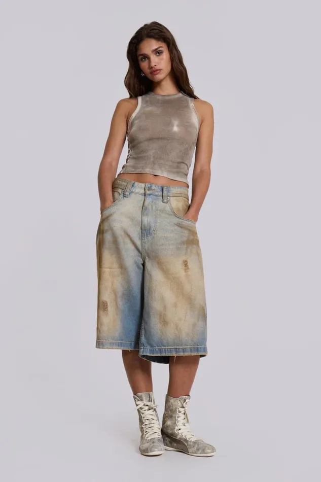 Jaded London Shorts and Jorts Women Mud Wash Colossus Jorts Blue