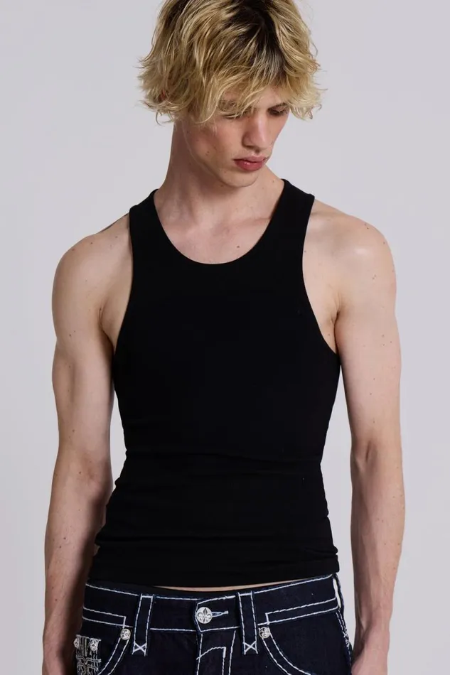 Jaded London TShirts and Vests Men Black Rib Full Length Vest Black