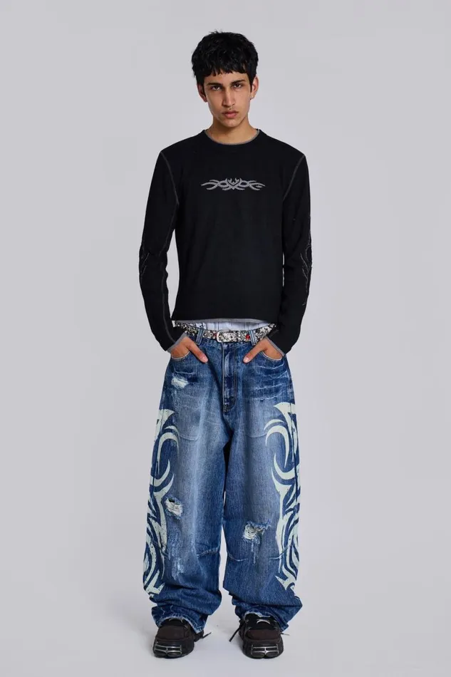 Jaded London TShirts and Vests Men Black Tattoo Applique Tee Black