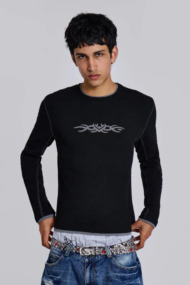 Jaded London TShirts and Vests Men Black Tattoo Applique Tee Black