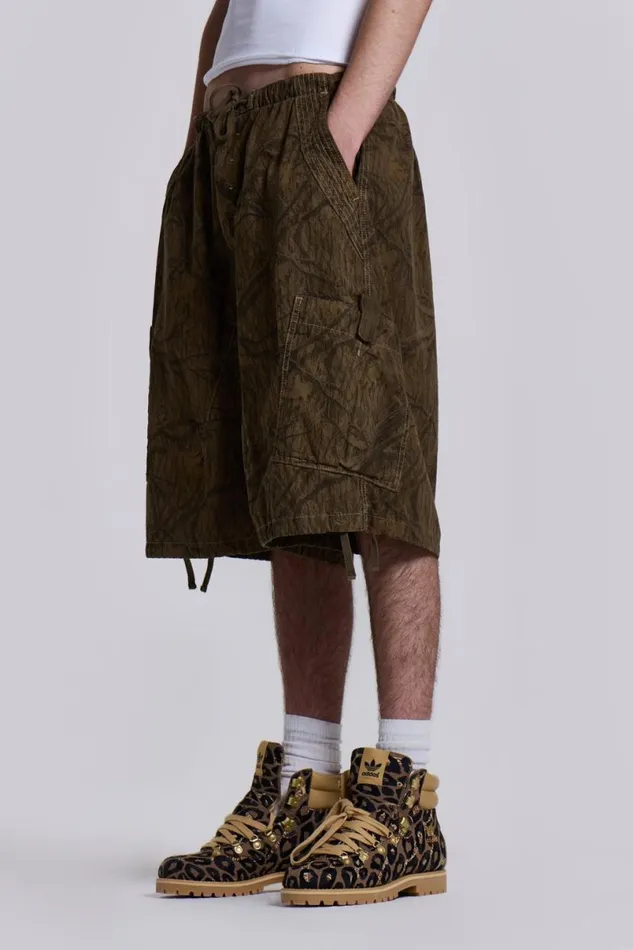 Jaded London Unisex UnisexWomen Forest Camo Parachute Shorts Green