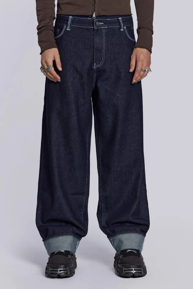 Jaded London Unisex UnisexWomen Sonic Embroidered Baggy Jeans In Indigo Blue
