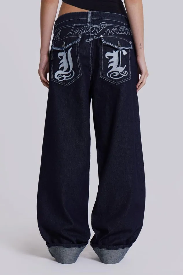 Jaded London Unisex UnisexWomen Sonic Embroidered Baggy Jeans In Indigo Blue