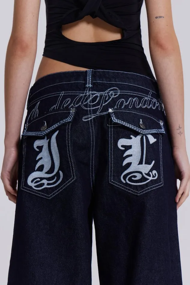 Jaded London Unisex UnisexWomen Sonic Embroidered Baggy Jeans In Indigo Blue