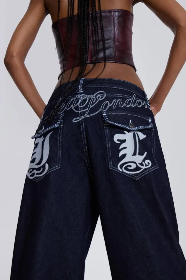 Jaded London Unisex UnisexWomen Sonic Embroidered Baggy Jeans In Indigo Blue