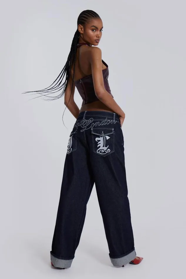 Jaded London Unisex UnisexWomen Sonic Embroidered Baggy Jeans In Indigo Blue