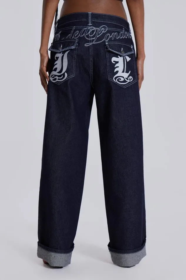 Jaded London Unisex UnisexWomen Sonic Embroidered Baggy Jeans In Indigo Blue