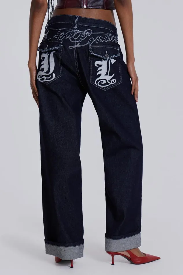 Jaded London Unisex UnisexWomen Sonic Embroidered Baggy Jeans In Indigo Blue