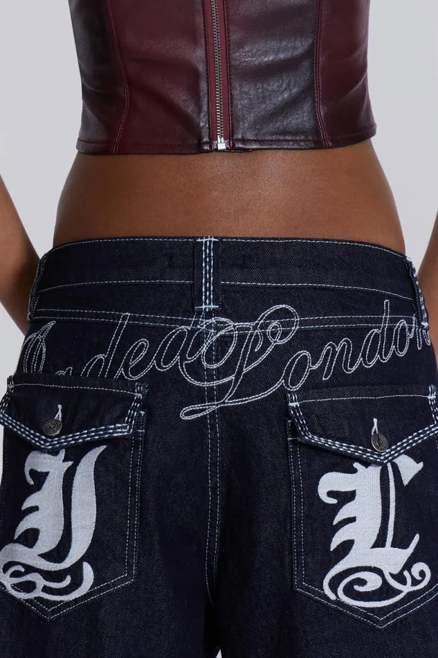 Jaded London Unisex UnisexWomen Sonic Embroidered Baggy Jeans In Indigo Blue