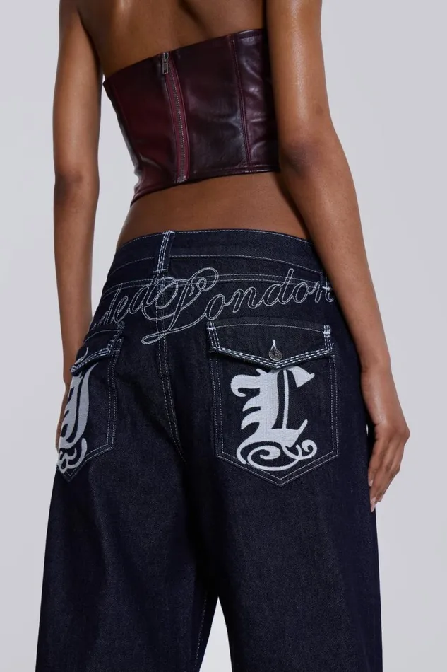 Jaded London Unisex UnisexWomen Sonic Embroidered Baggy Jeans In Indigo Blue