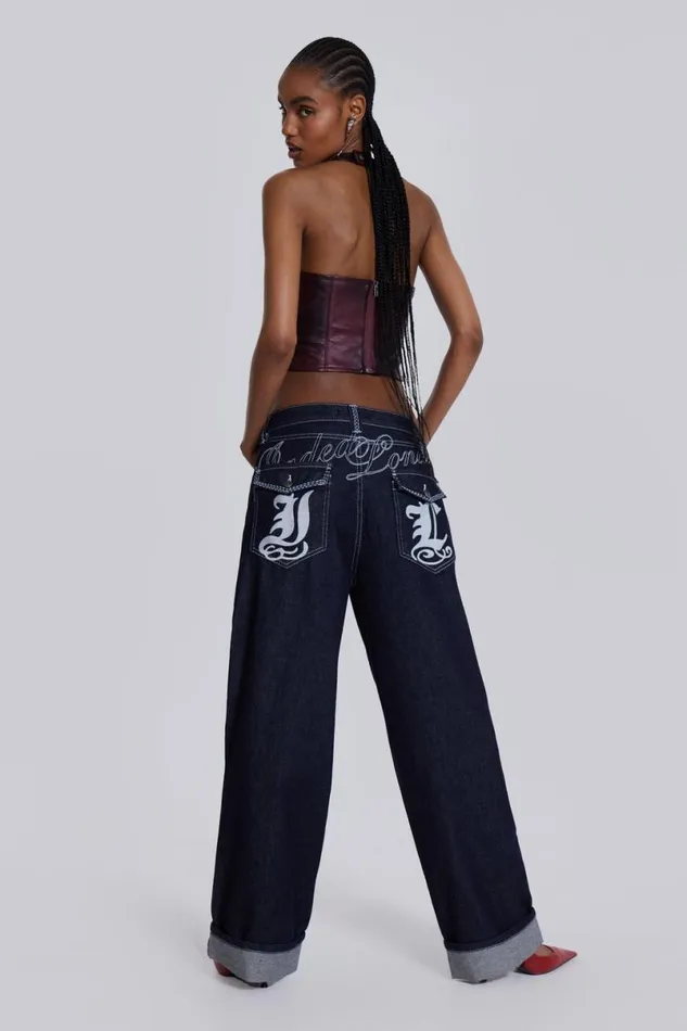 Jaded London Unisex UnisexWomen Sonic Embroidered Baggy Jeans In Indigo Blue