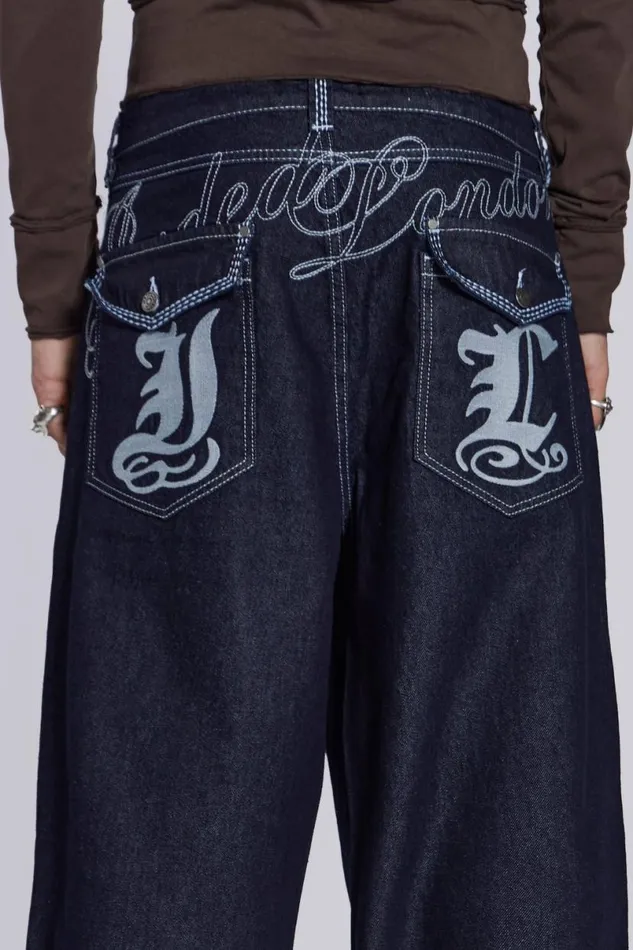 Jaded London Unisex UnisexWomen Sonic Embroidered Baggy Jeans In Indigo Blue