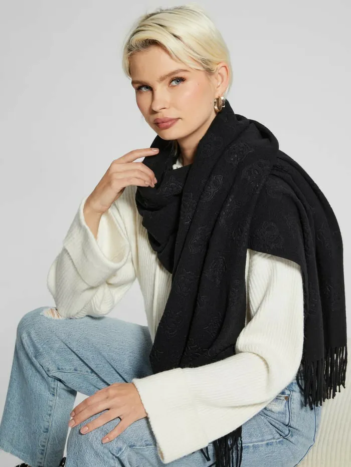 James Peony Monogram Scarf Black Women Hats and Scarves GUESS James Peony Monogram Scarf Black Women Hats and Scarves GUESS