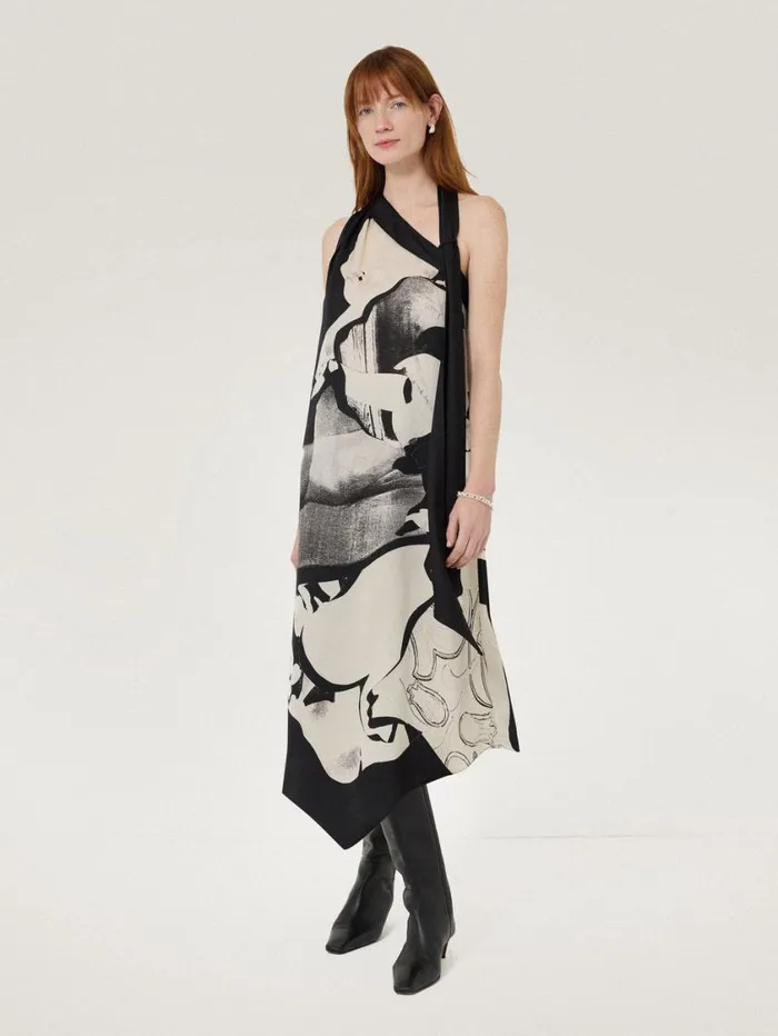 Jigsaw Collage Print Scarf Dress Monochrome Women Party