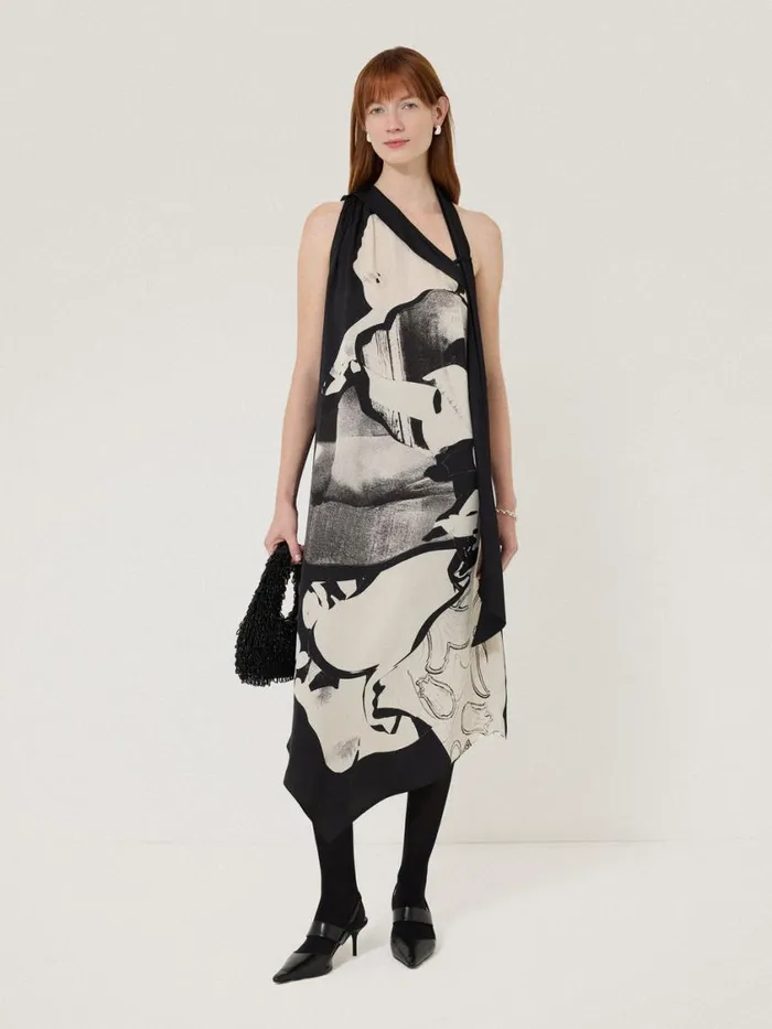 Jigsaw Collage Print Scarf Dress Monochrome Women Party