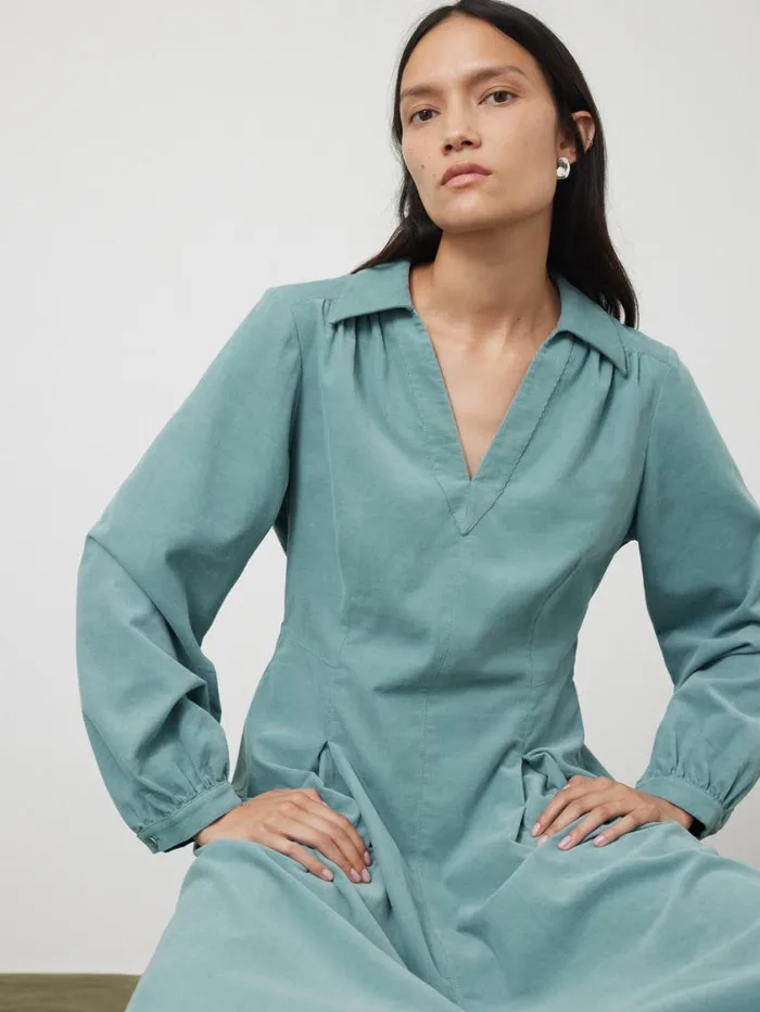 Jigsaw Corduroy V Neck Dress Blue Women Dresses and Jumpsuits