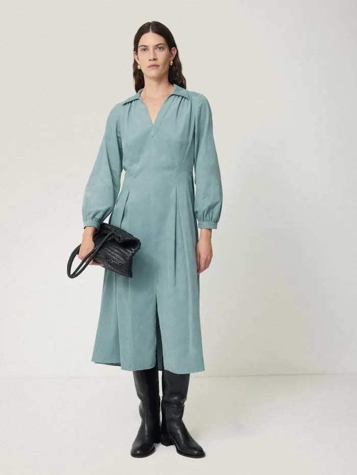 Jigsaw Corduroy V Neck Dress Blue Women Dresses and Jumpsuits
