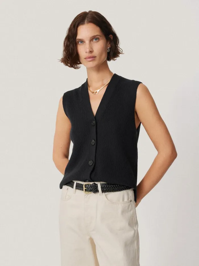Jigsaw Cotton Blend Waistcoat Washed Black Women Knitwear and Cashmere